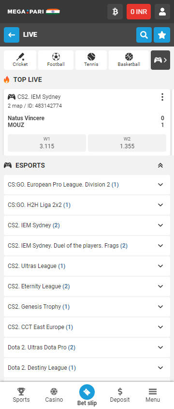 Megapari - Mobile eSports Category Page